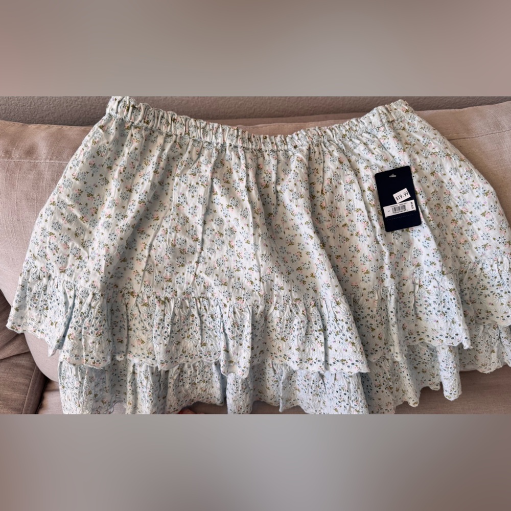 Lucky Brand Floral Ruffle Cotton Mini Skirt in Pink and Baby Blue (2) LARGE
